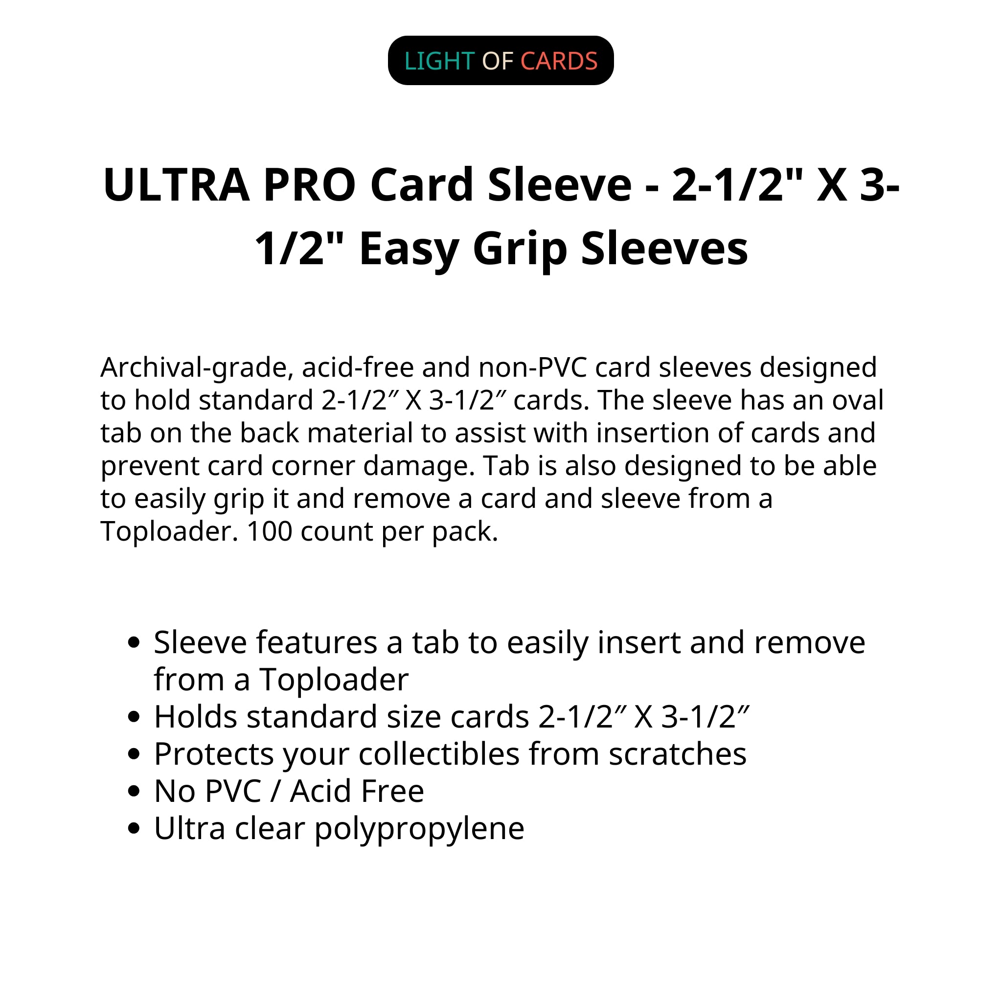 Ultra PRO Card Sleeve - 2-1/2" X 3-1/2" Easy Grip Sleeves