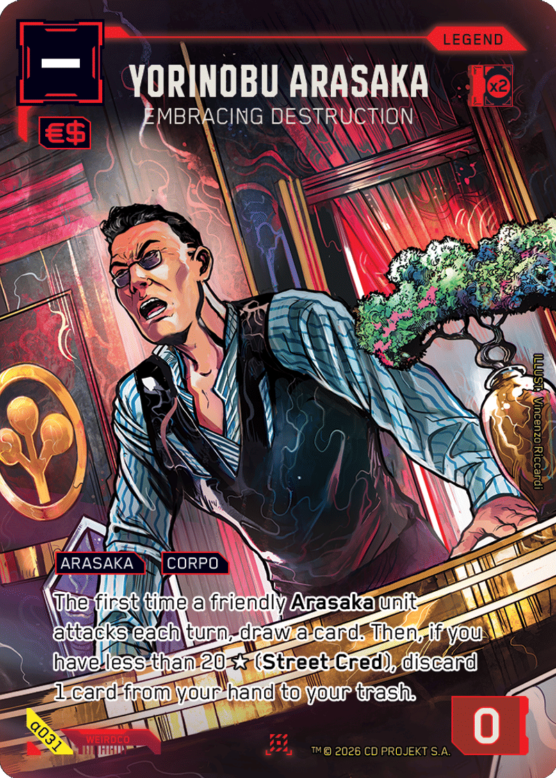 Yorinobu Arasaka — Cyberpunk TCG card artwork