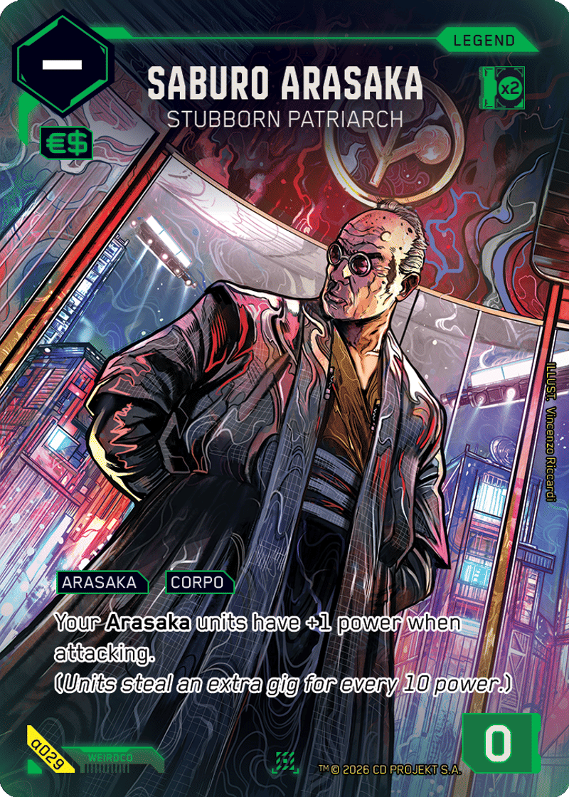 Saburo Arasaka — Cyberpunk TCG card artwork