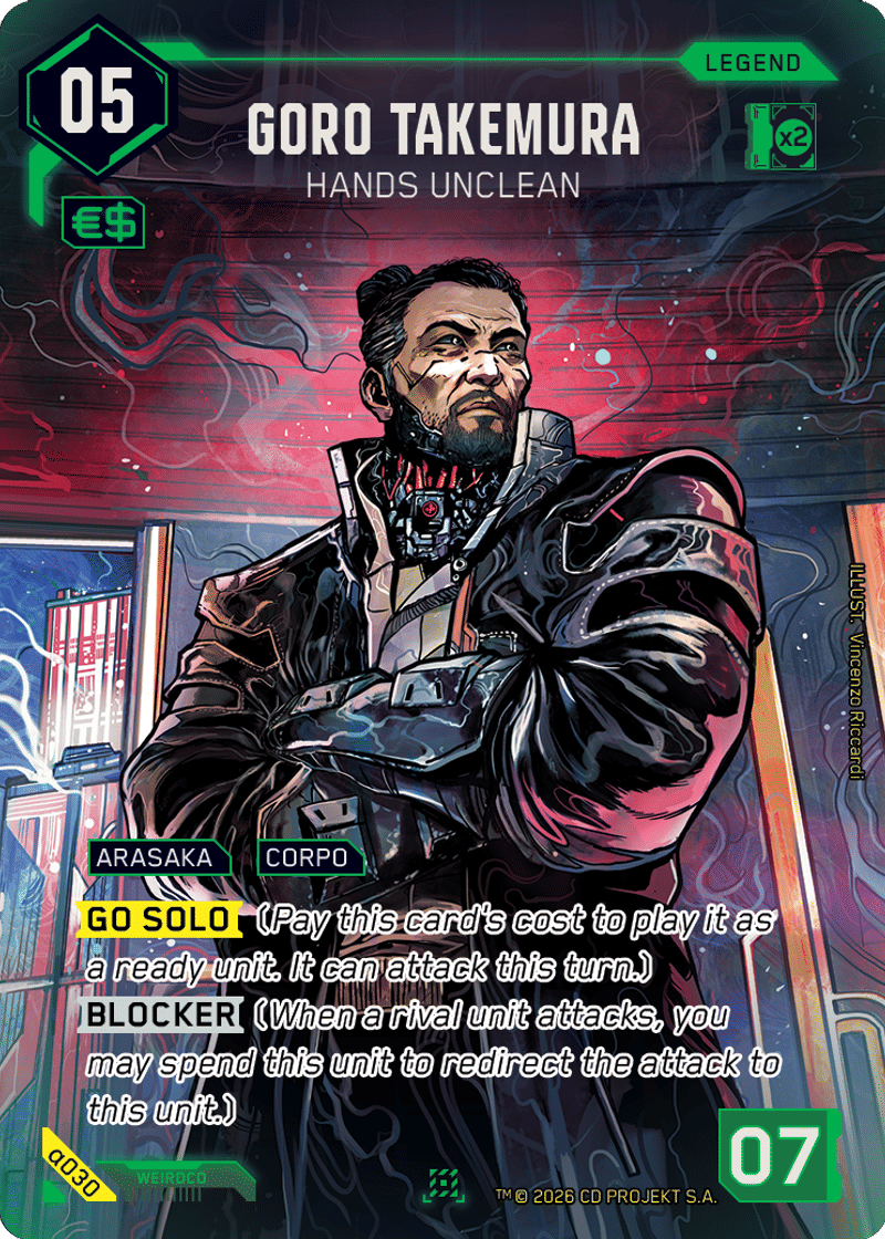 Goro Takemura, Hands Unclean — Cyberpunk TCG card artwork